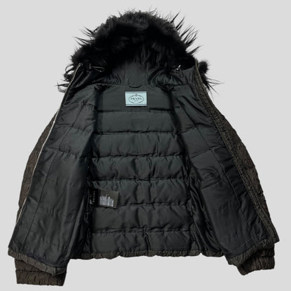 Prada 2014 Extreme Fur Hooded Silk & Wool Textured Puffer Jacket - IT44 (S) | Default Title, Blue