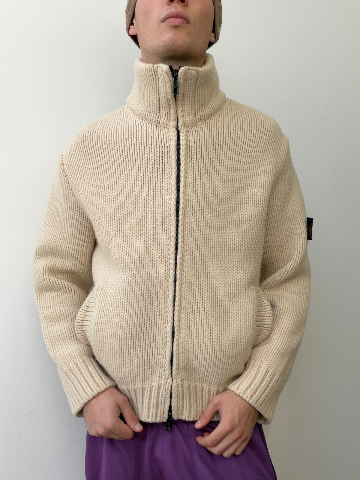 Stone Island AW03 Zip-Through Knit Cardigan Jacket | Large, Red