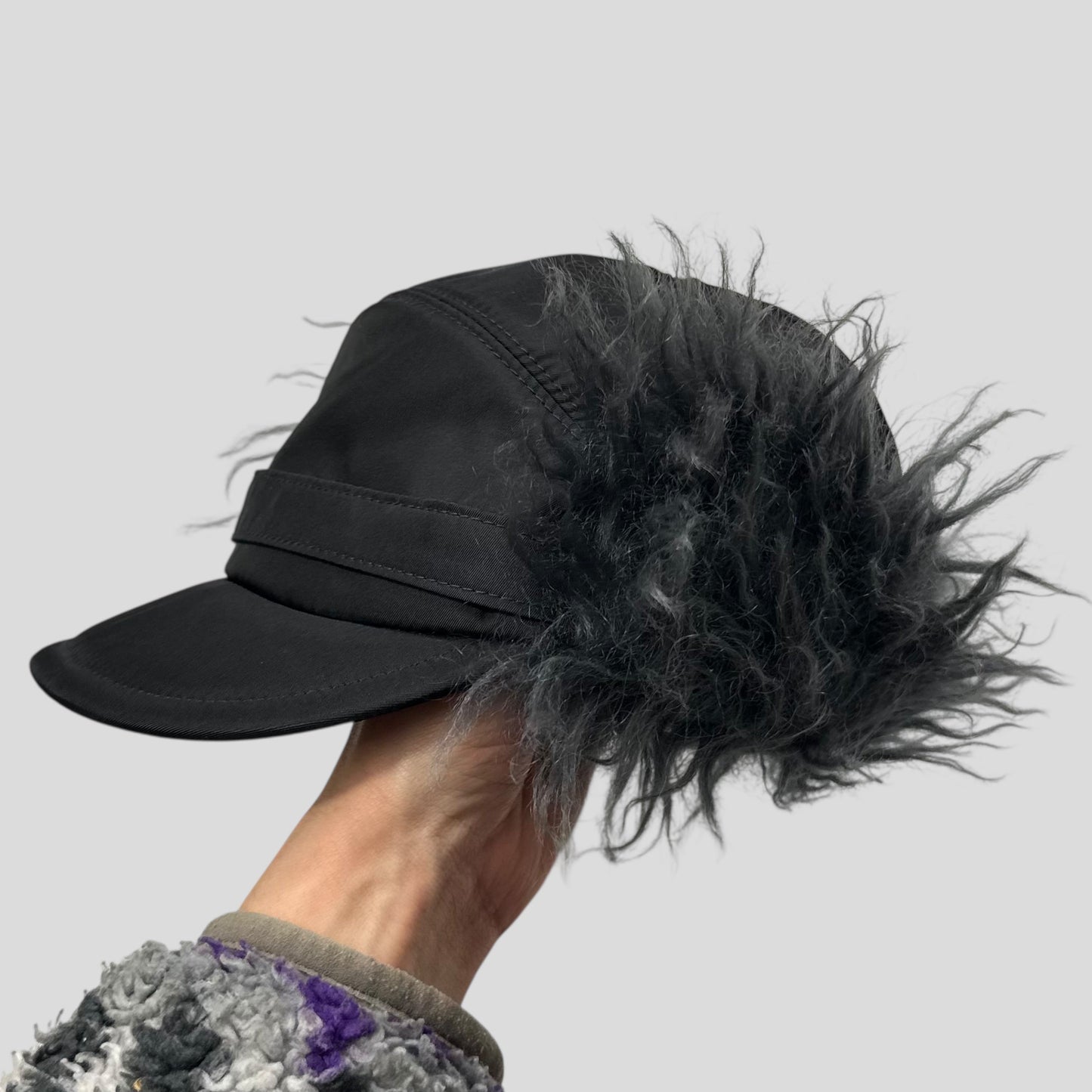 Prada Milano FW19 Mohair & Wool Triangle Logo Nylon Trapper Hat - S/M