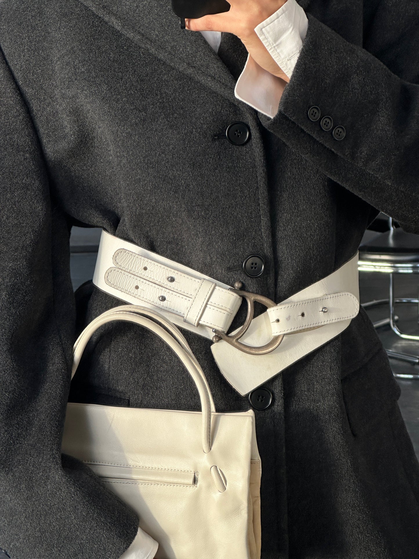 Italian Vintage 1990s Chrome Chunky Leather Belt - W32-34