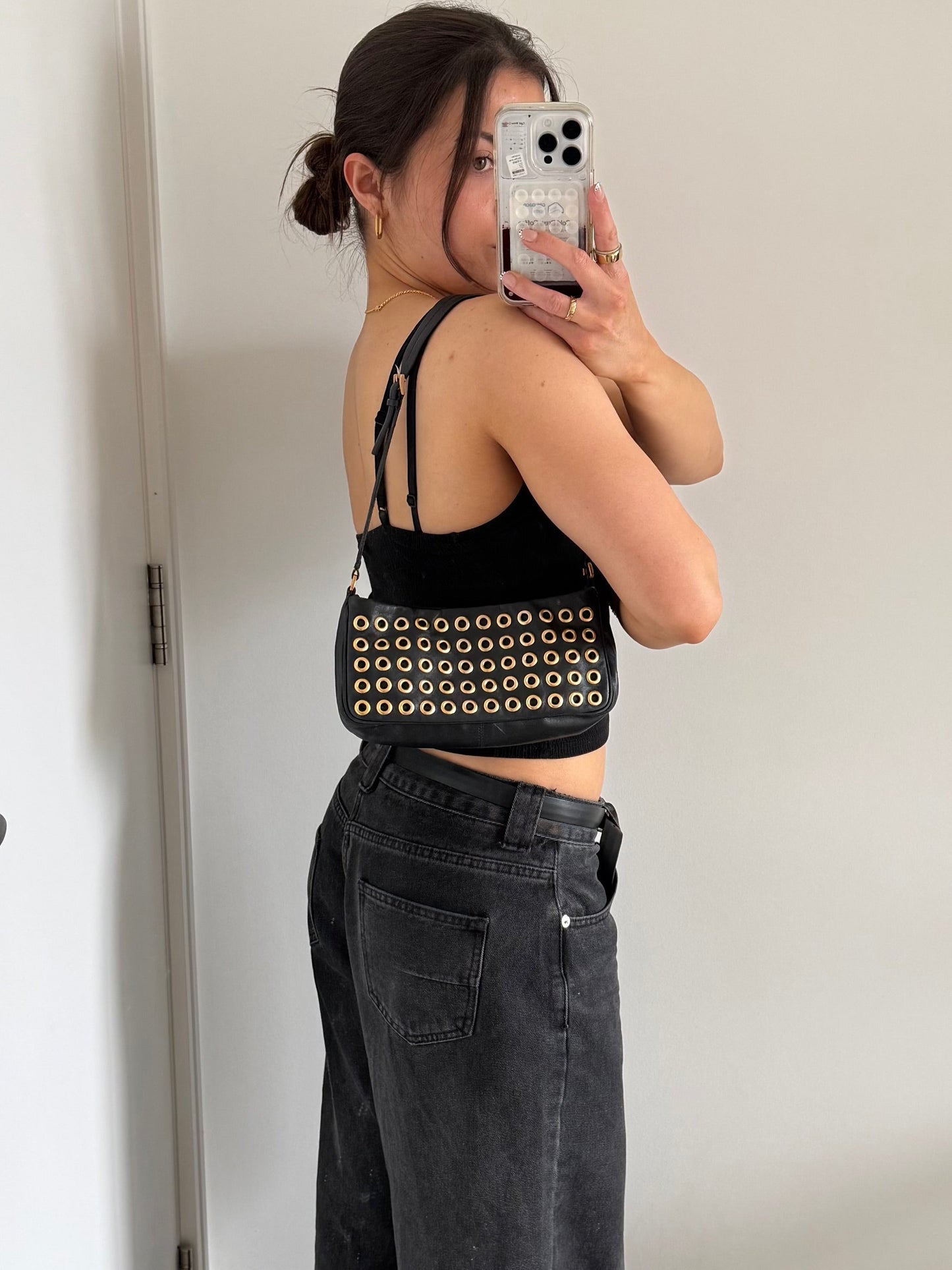 2000s Prada Black Leather Grommet Shoulder Bag | O/S, Black