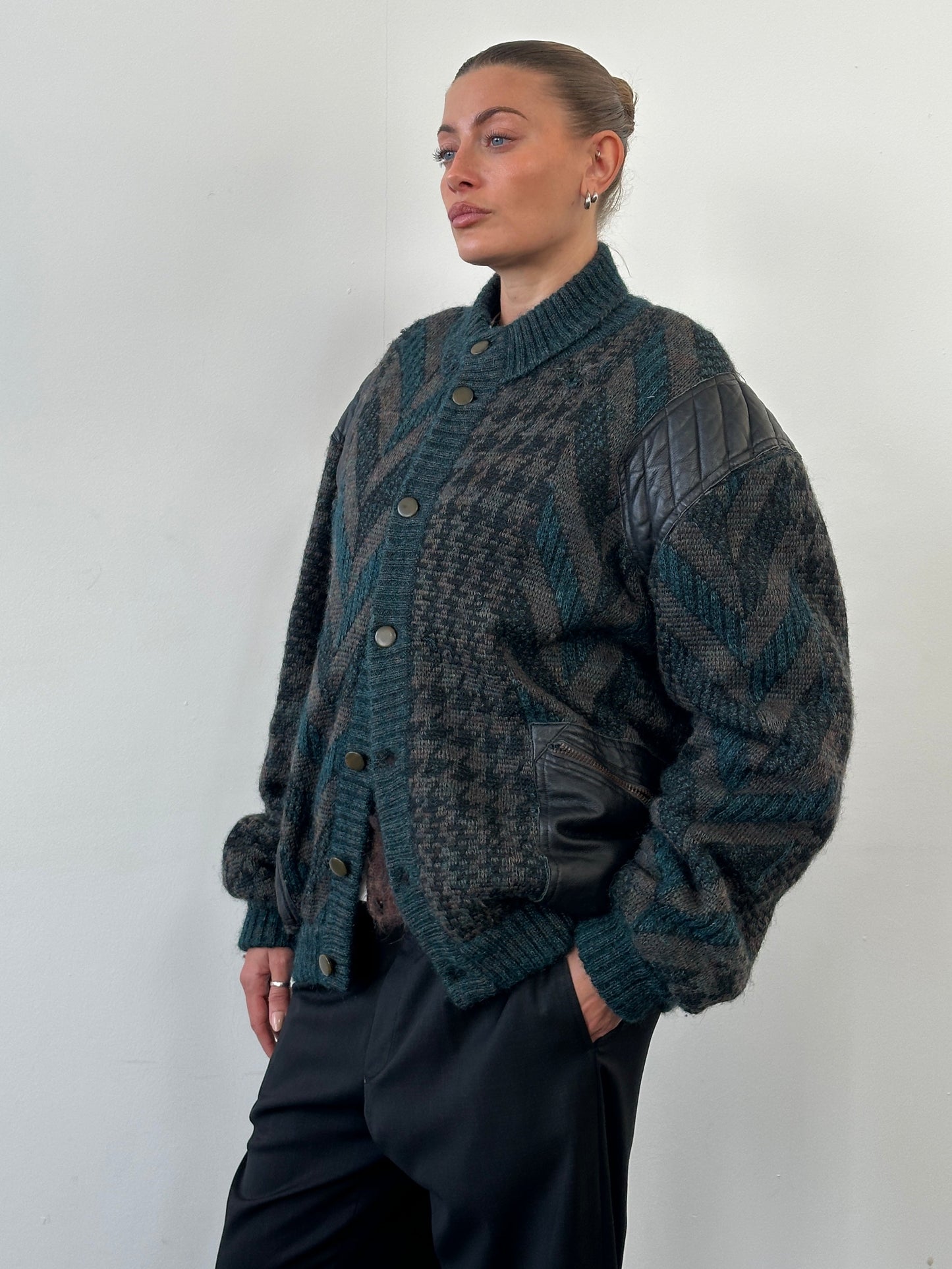 Vintage 1990s Wool Print Knit Bomber Jacket - XL