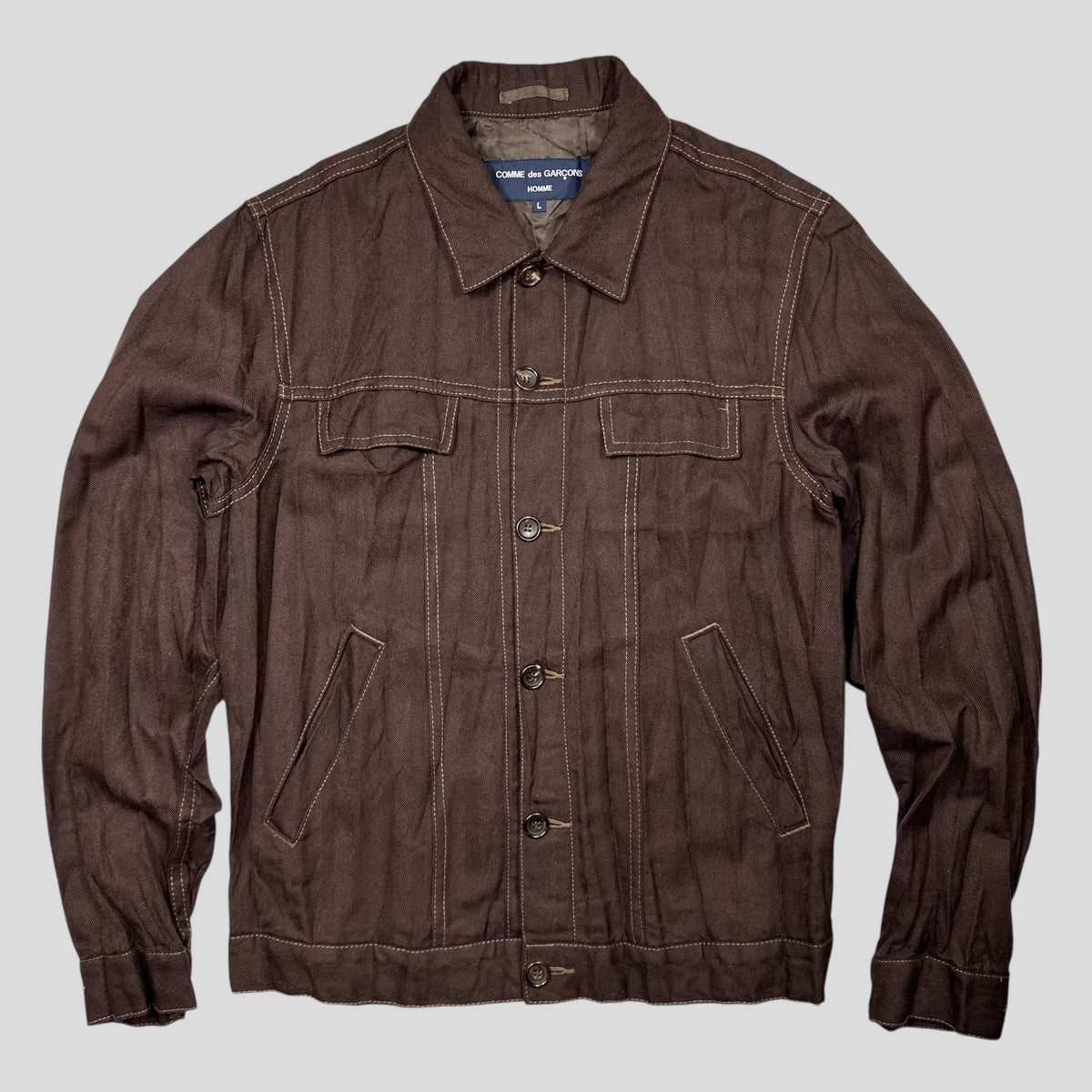 CDG Homme 2004 Crinkle Striped Work Jacket - L (M) | Medium, Brown