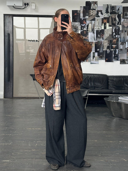 Vintage 1990s Aged Leather Bomber Jacket - XL