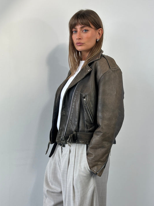 Vintage 1980s Distressed Leather Biker Jacket - S