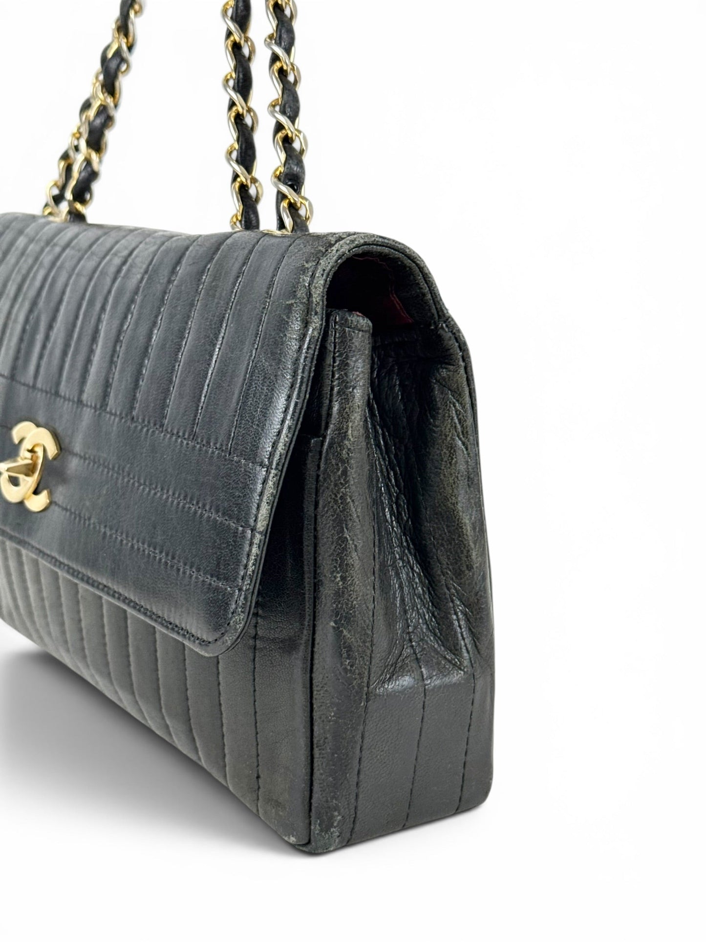 1980s Chanel Single Flap Horizontal Lambskin Leather Bag GHW Vintage | O/S, Black