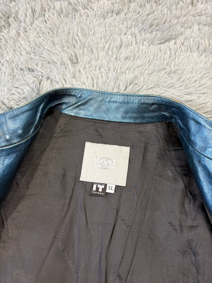 Versace VJC 00’s Blue Leather Metallic Rockstar Jacket - L | O/S, Multicoloured