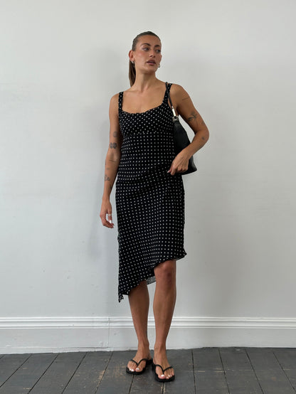 Max Mara Pianoforte 1990s Pure Silk Polkadot Asymmetric Midi Dress - S/M