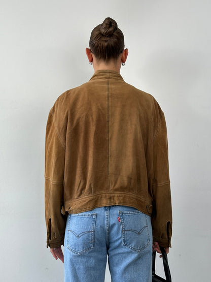 Vintage High Neck Suede Bomber Jacket - M