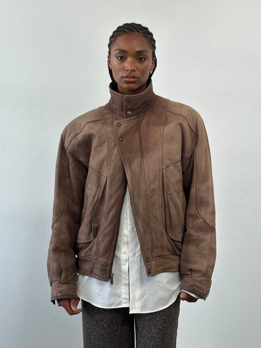 Vintage 1990s High Neck Aged Leather Bomber Jacket - L