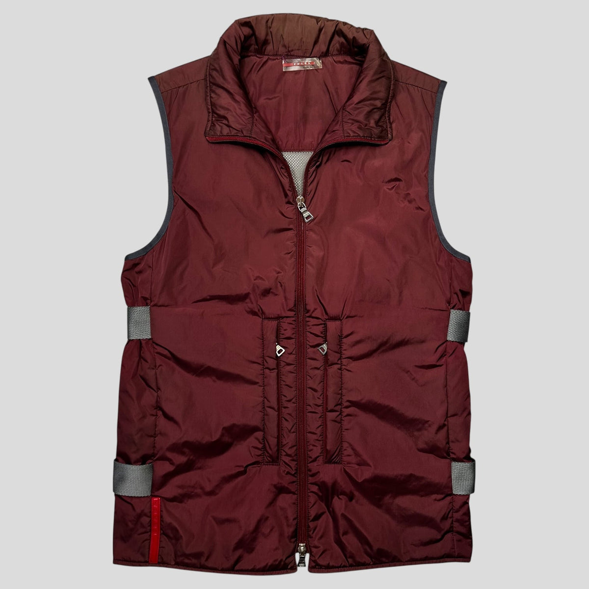 Prada Sport 1999 Nylon Bondage Mesh Padded Gilet - IT48 (S/M) | Small, Burgundy