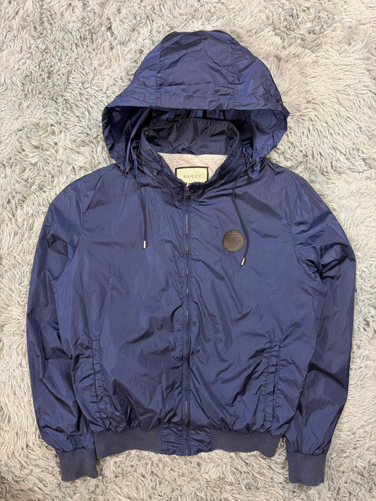 Gucci 2017 Metallic Blue Leather Crest Logo Nylon Jacket - M | O/S, Blue