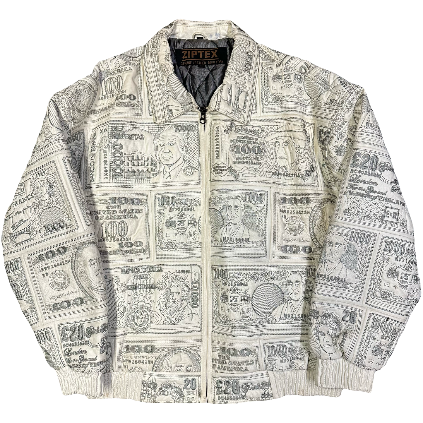 ARCHIVE Ziptex New York World Currency Leather Jacket In White ( XL )
