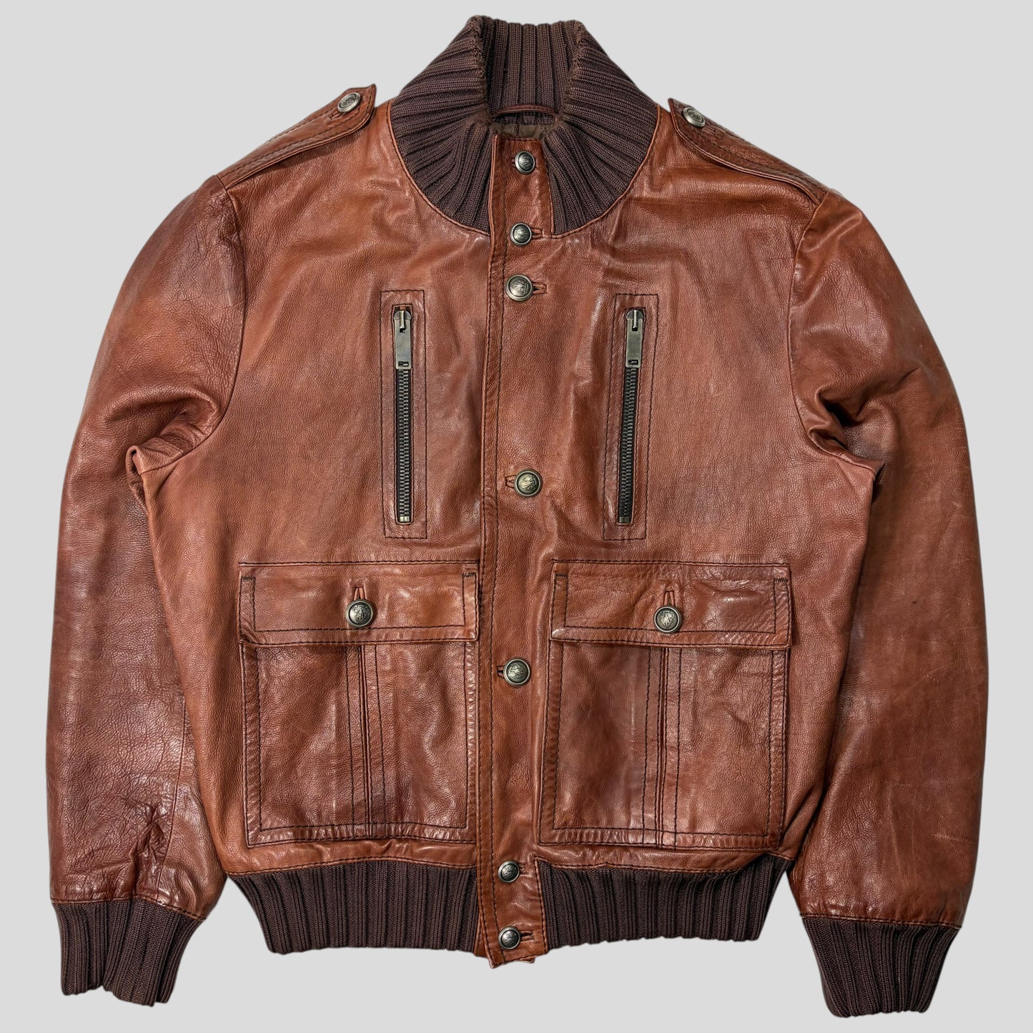Gucci 2006 Madonna Cognac Leather Crest Button Bomber Jacket - L | Default Title, Brown