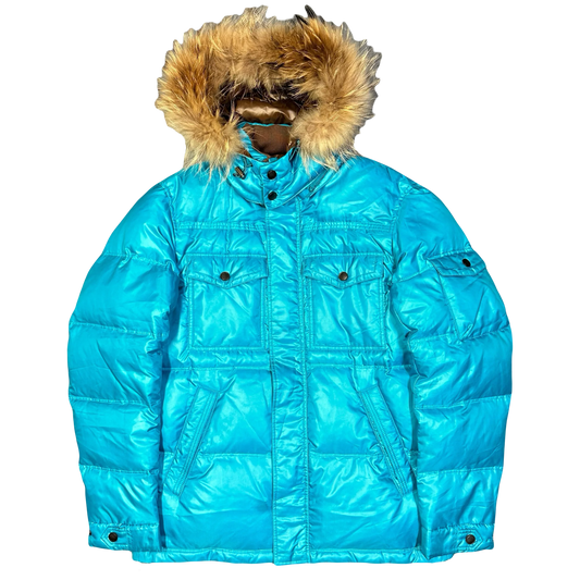 Takeo Kikuchi Puffer Jacket With Fur Hood In Blue (S) | Small, Blue