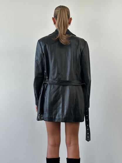 Vintage Double Breasted Belted Smooth Leather Jacket - L/XL