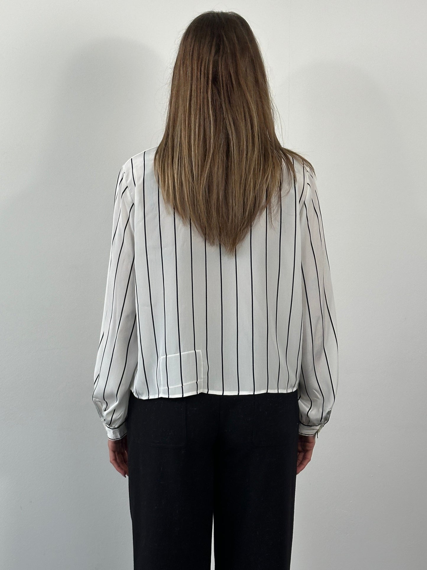 Vintage 1980s Sheer Stripe Tie Neck Shirt - M