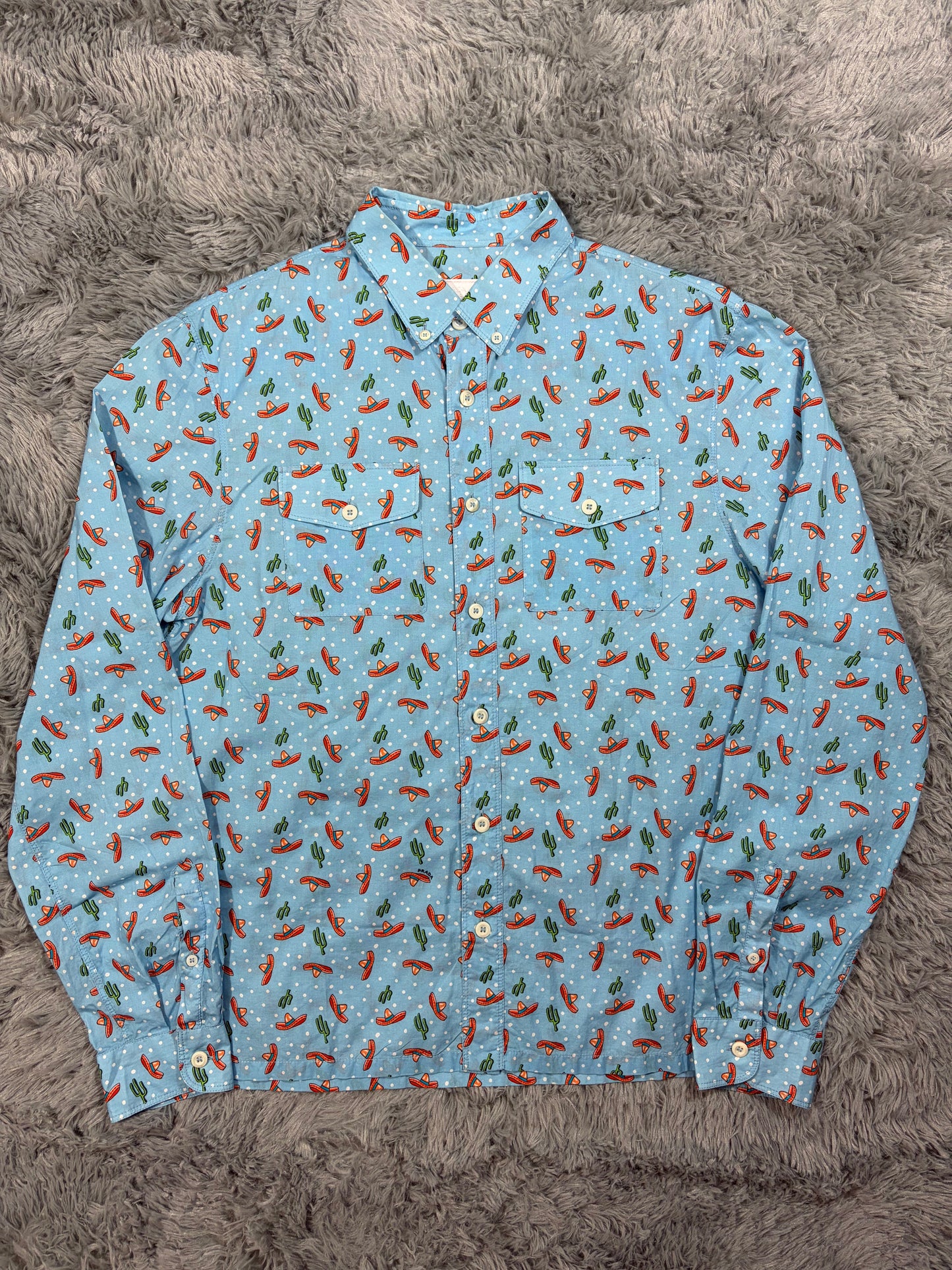 Prada 2016 Sombrero Cartoon Western Double Pocket Shirt - L | O/S, Blue