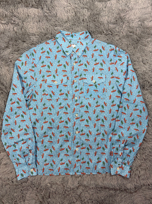 Prada 2016 Sombrero Cartoon Western Double Pocket Shirt - L | O/S, Blue