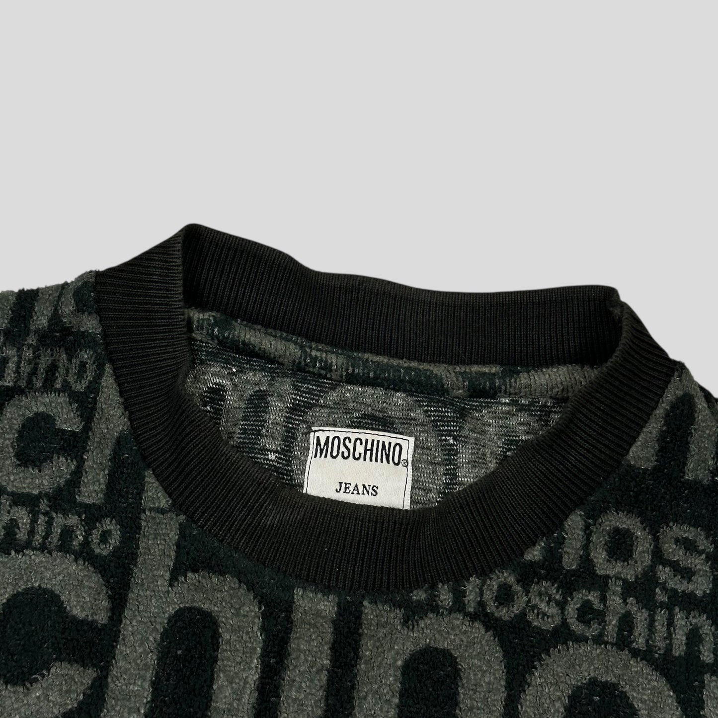 Moschino Jeans 1998 Spellout Logo Teddy Cotton Fleece Jumper - L/XL | Default Title, Black and Grey