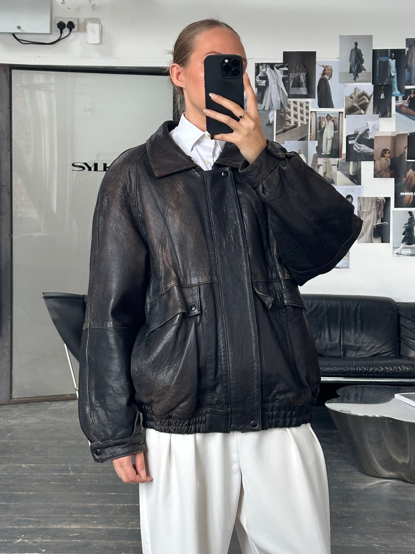 Vintage 1980s Aged Leather Bomber Jacket - XL