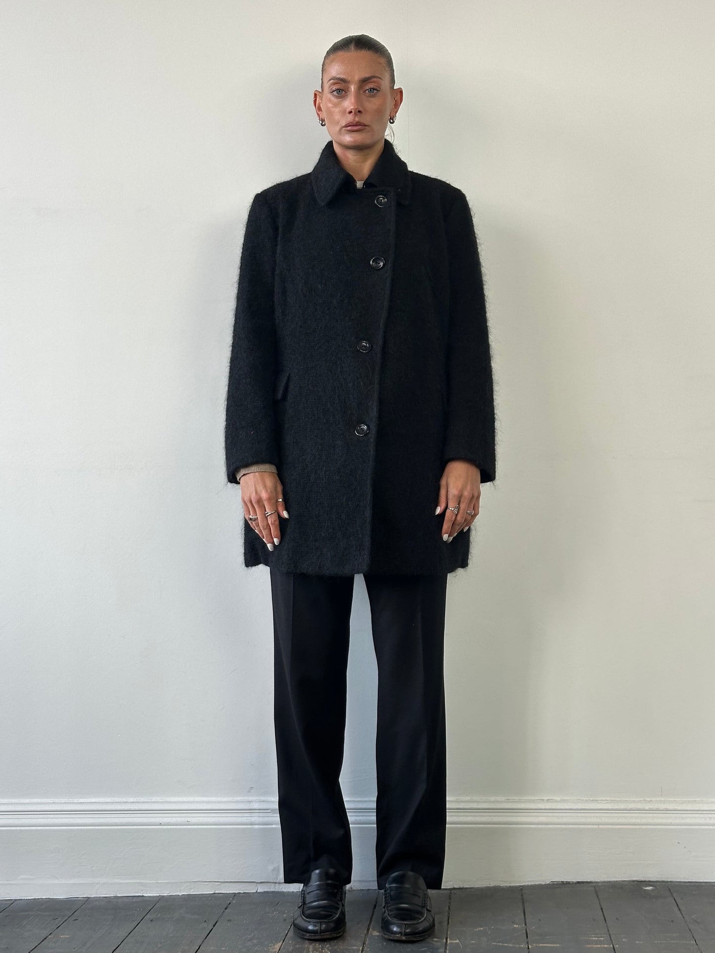 Trussardi Fuzzy Virgin Wool Mohair Single Breasted Coat - M