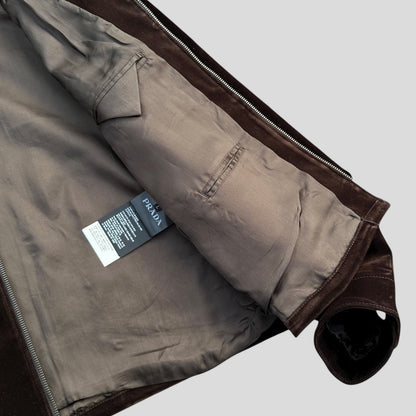 Prada 2024 Brown Velvet Velour Plaque Logo Boxy Jacket - M/L