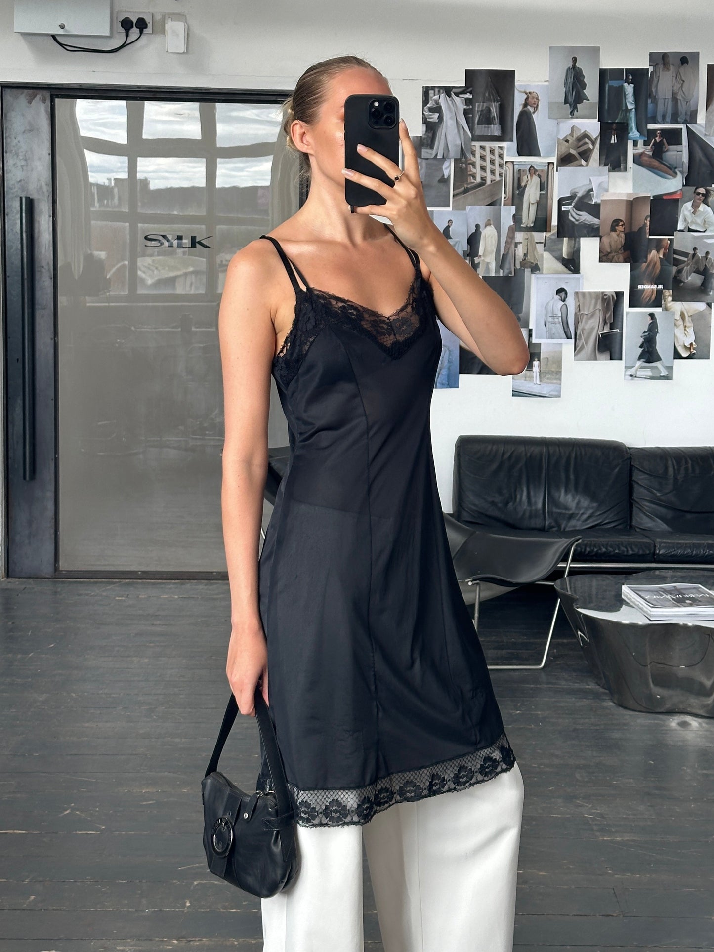 Vintage 1980s Lace Semi Sheer Slip Dress - M