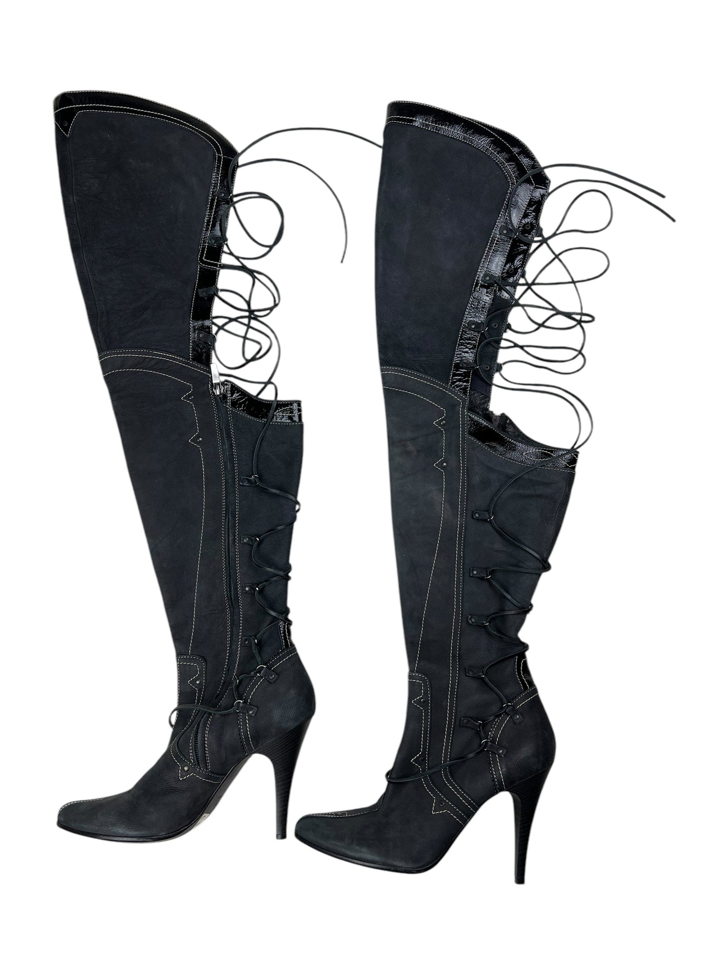 Diesel StyleLab Y2K thigh high corset back leather boots | GREY, Black