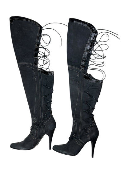 Diesel StyleLab Y2K thigh high corset back leather boots | GREY, Black