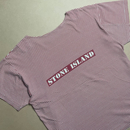 S/S 1987 Crimson Red Striped Box Logo / Mini Compass Breton T-shirt