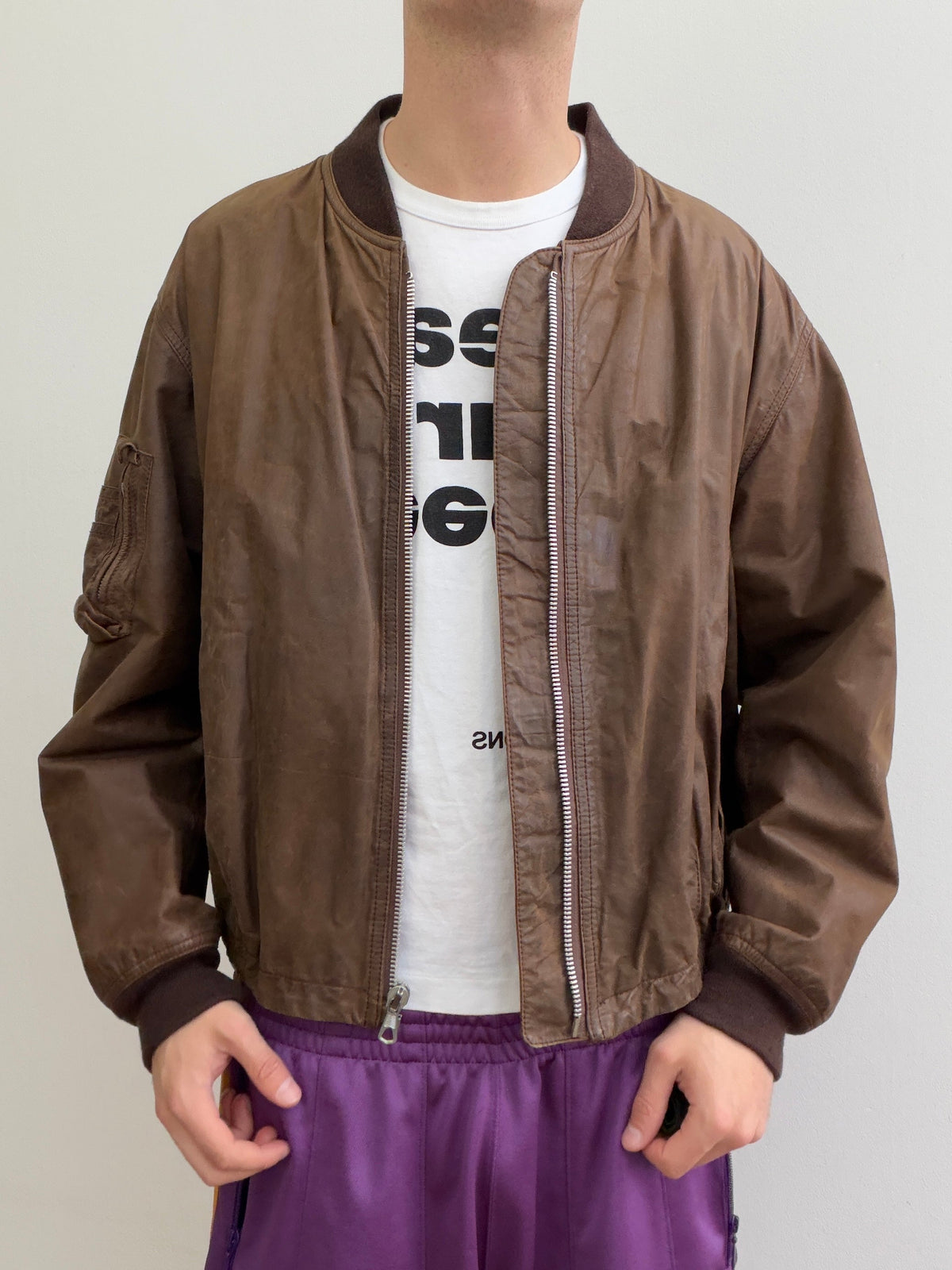 Emporio Armani 90s Oiled Leather Bomber Jacket | Large, Red