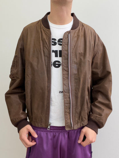 Emporio Armani 90s Oiled Leather Bomber Jacket | Large, Red
