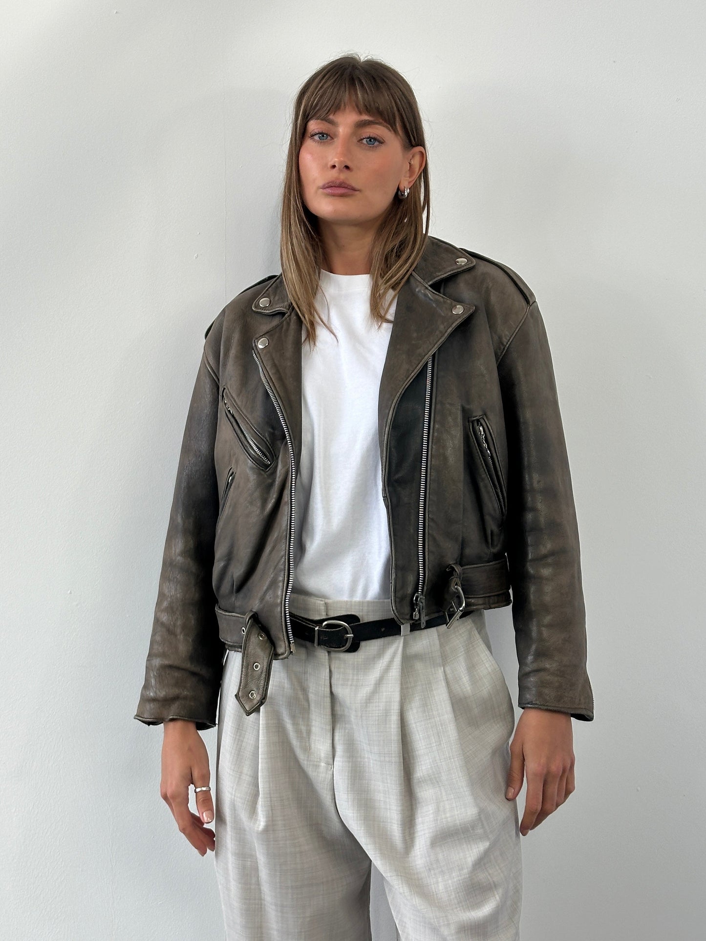 Vintage 1980s Distressed Leather Biker Jacket - S