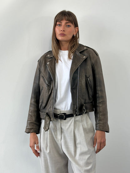 Vintage 1980s Distressed Leather Biker Jacket - S