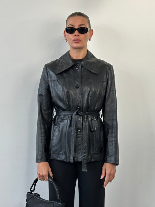 Vintage 1990s Dagger Collar Belted Leather Jacket - M