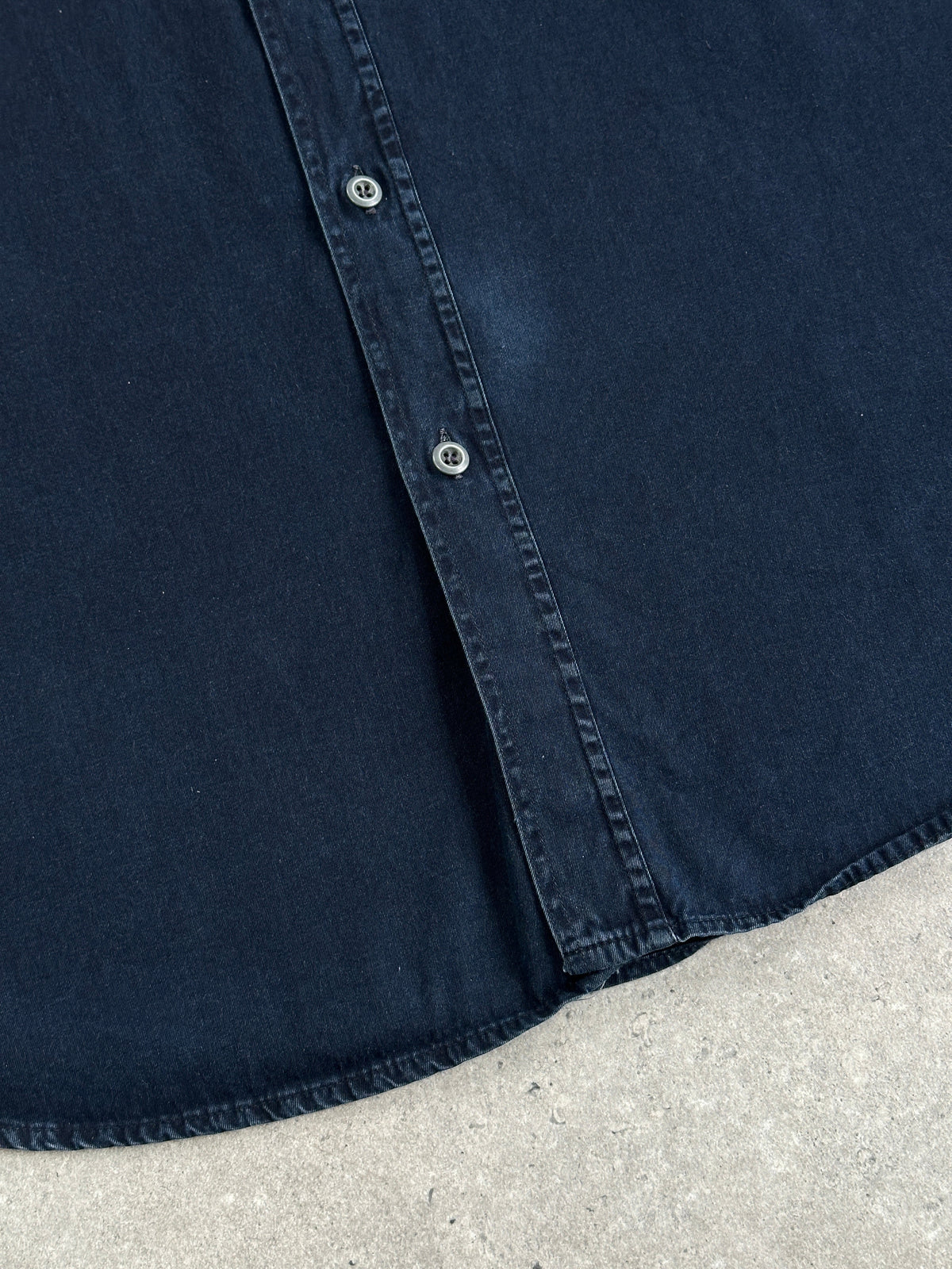 Armani Jeans 1990s pure cotton denim logo shirt in XL, featuring classic denim fabric and Armani branding, displayed on a hanger.