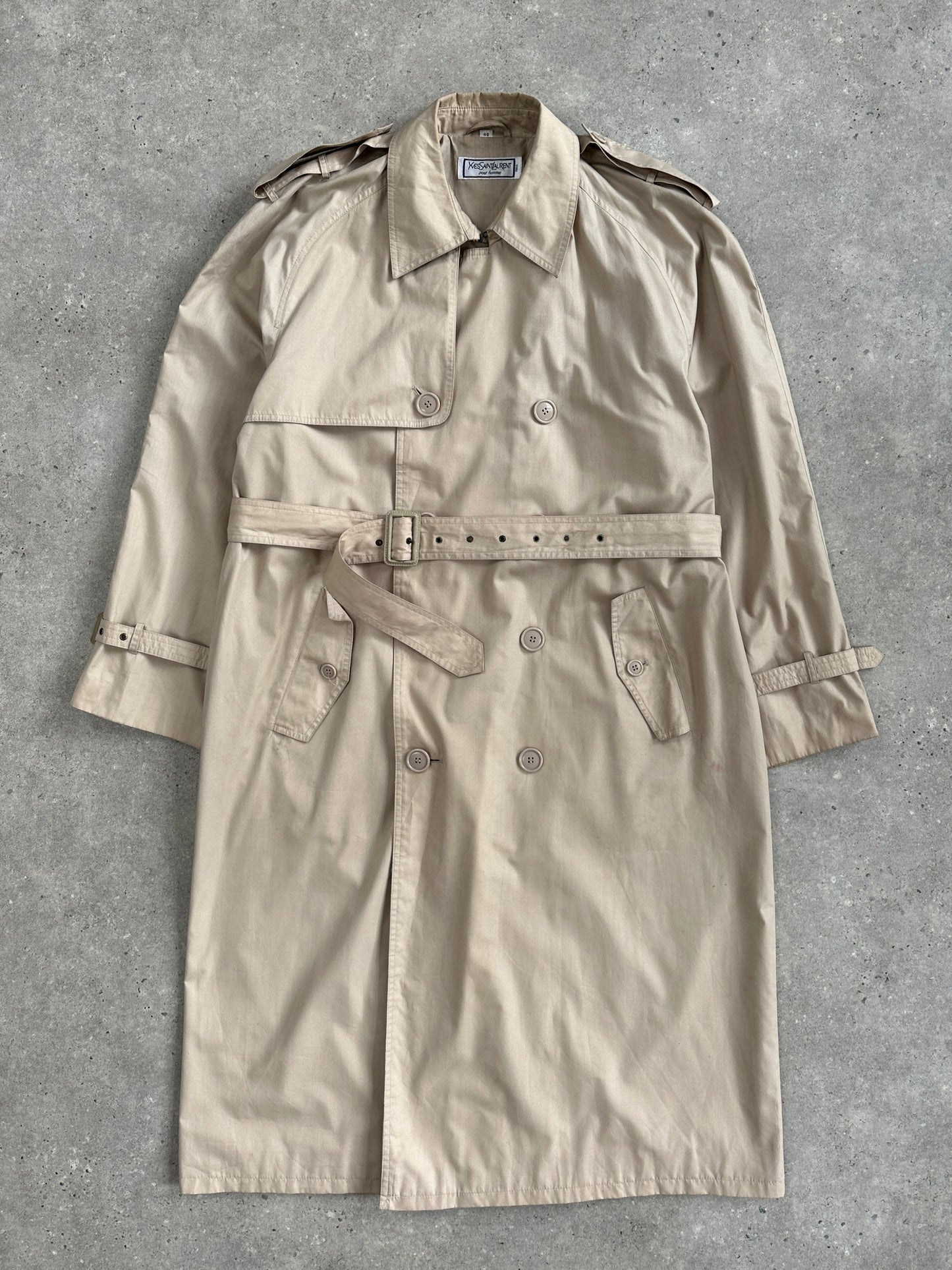 Yves Saint Laurent Pour Homme 1980s Cotton Double Breasted Belted Trench Coat - XL