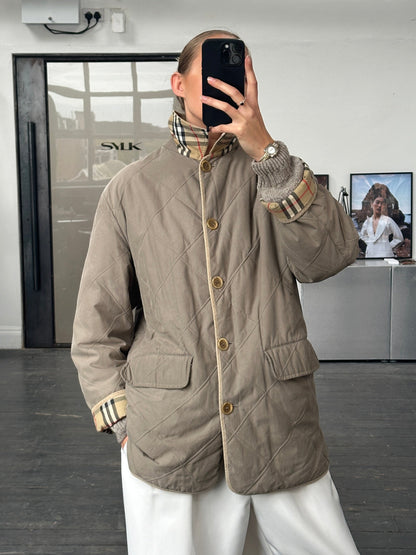 Burberry 1990s Quilted Nova Check Cord Collar Jacket – L