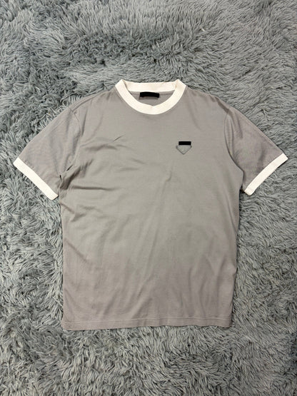 Prada 2017 Double Logo Grey Bi-colour Pique Cotton T-Shirt - M | O/S, Multicoloured