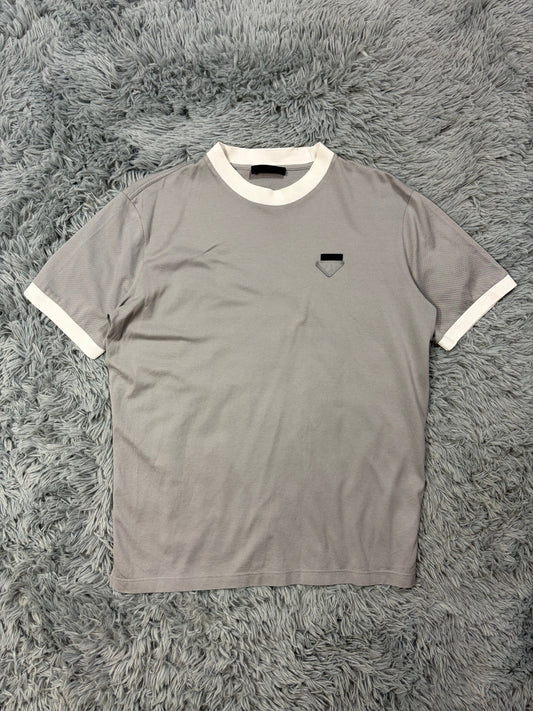 Prada 2017 Double Logo Grey Bi-colour Pique Cotton T-Shirt - M | O/S, Multicoloured