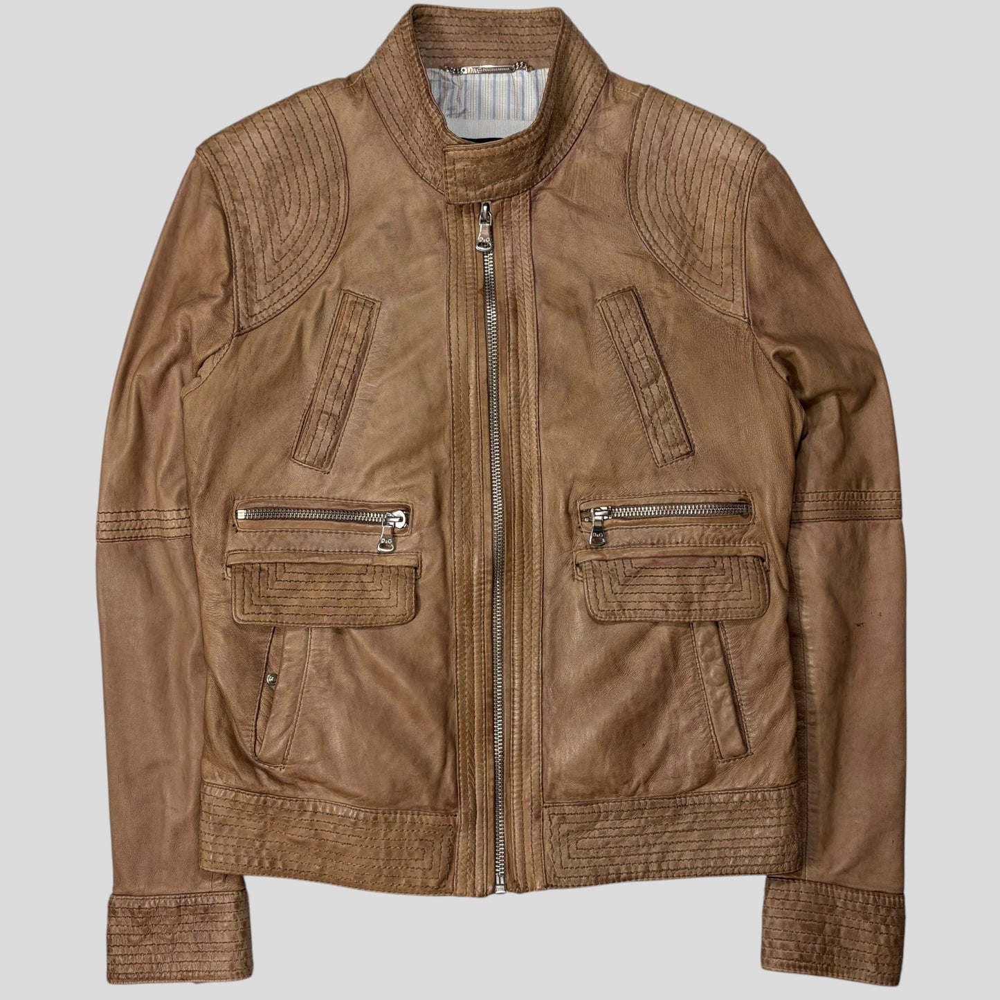 Dolce & Gabanna 2011 Antique Effect Leather Cargo Biker Jacket - M | Default Title, Brown