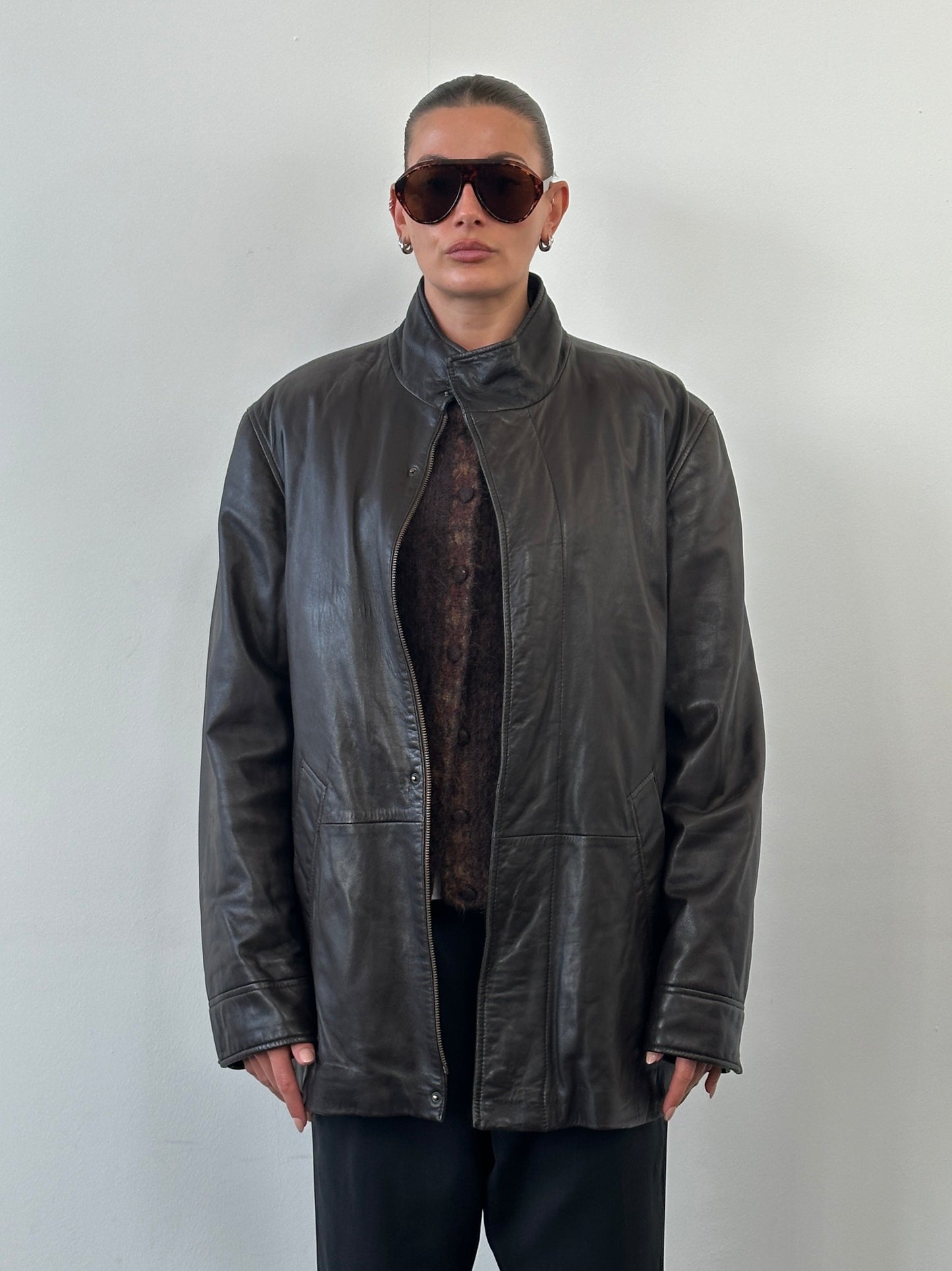 Jaeger 1990s Concealed Placket High Neck Leather Jacket - XL