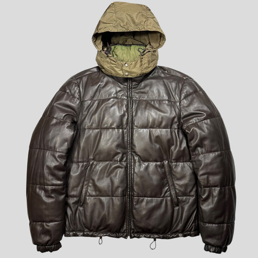 Prada Milano 2012 Leather Reversible Triangle Logo Nylon Puffer Jacket - L