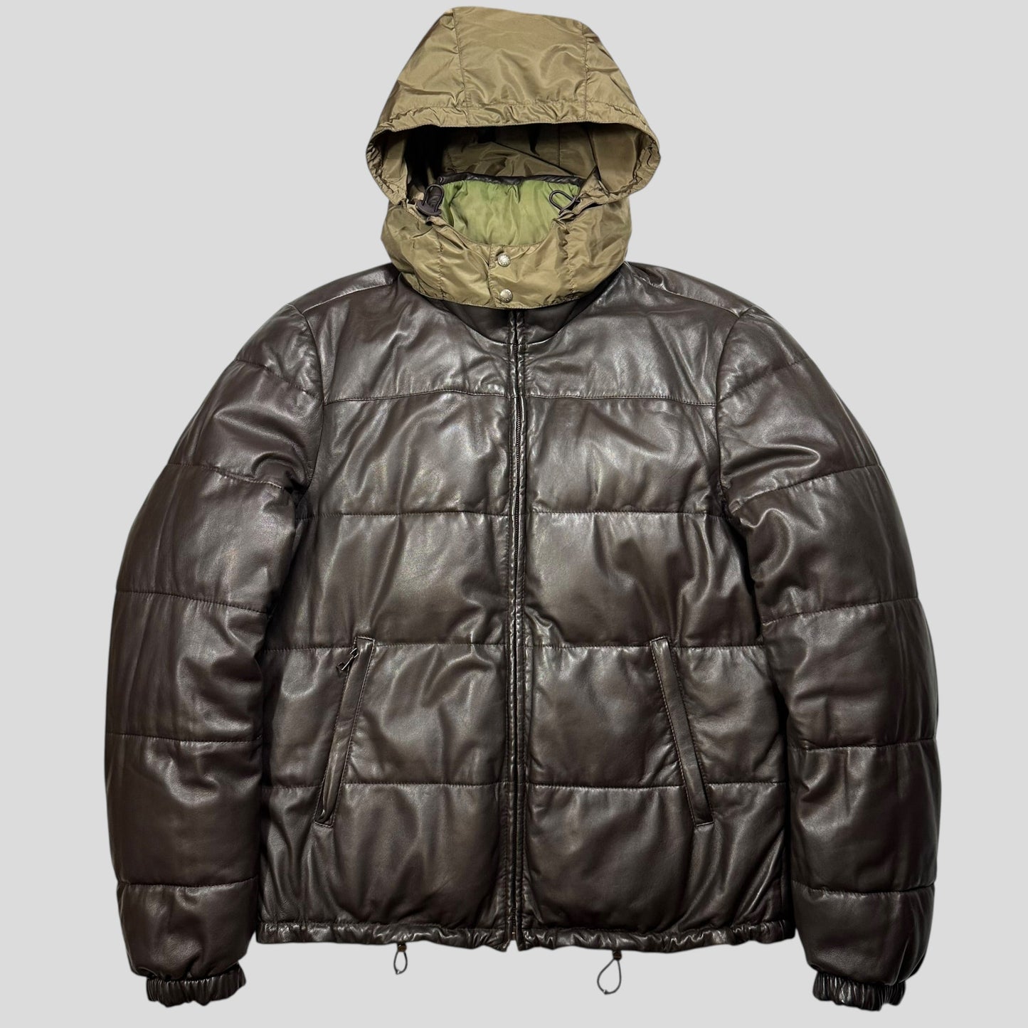 Prada Milano 2012 Leather Reversible Triangle Logo Nylon Puffer Jacket - L | Default Title, Multicoloured