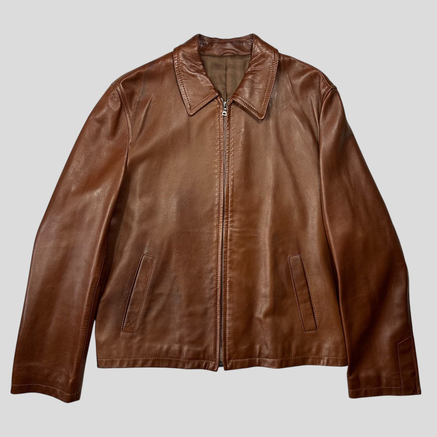 Prada Milano FW98 Whiskey Leather Nylon Lined Zip Work Jacket - IT50