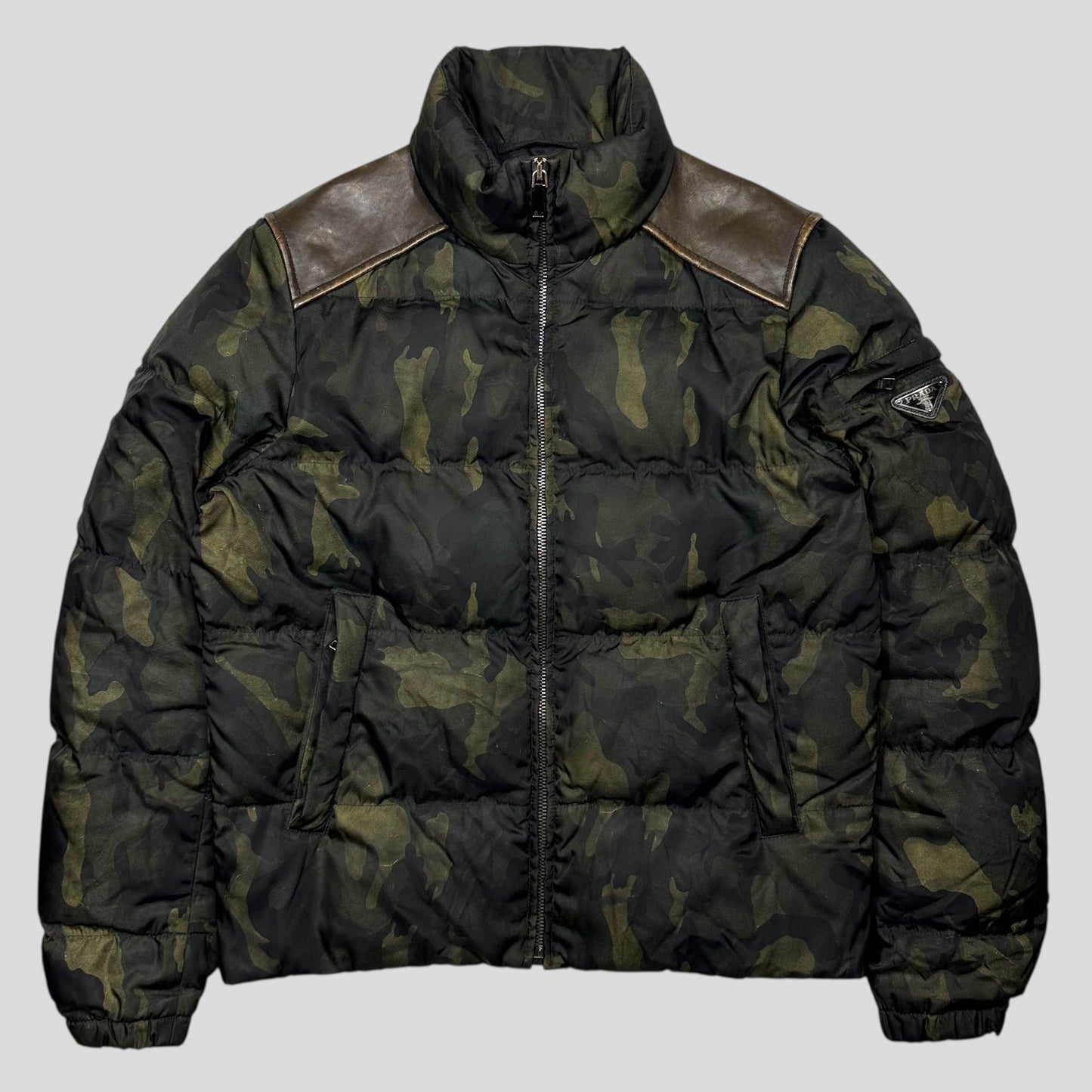 Prada Milano 2014 Green Camo Nylon Elder Down Leather Puffer - IT46