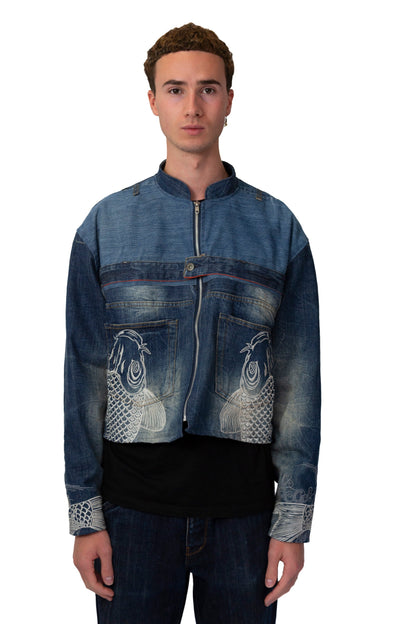 VT Rework: Kara Kuri Tamashi Zip Up Fish Embroidered Denim Jacket