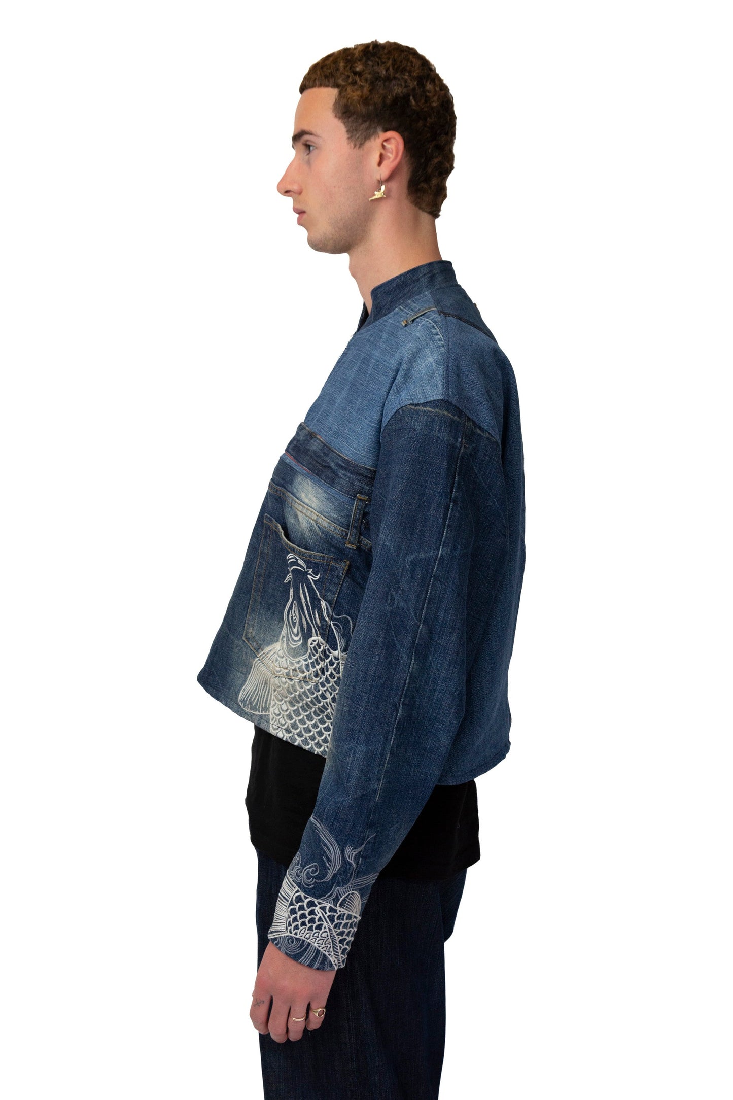 VT Rework: Kara Kuri Tamashi Zip Up Fish Embroidered Denim Jacket