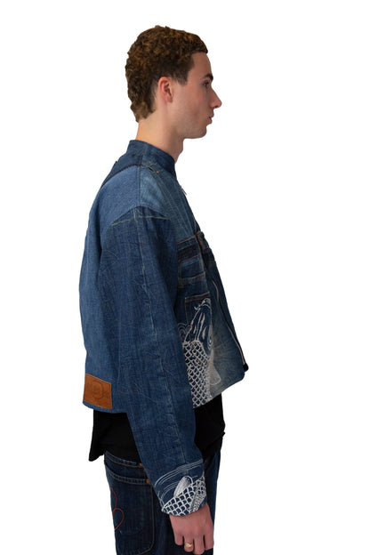 VT Rework: Kara Kuri Tamashi Zip Up Fish Embroidered Denim Jacket